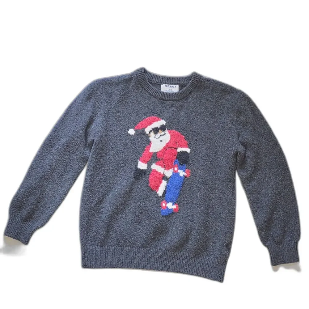 Old Navy Kids Size L (10-12) Gray Skating Santa Graphic SoSoft Sweater